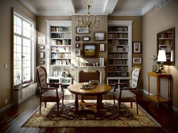 Option of library in private house in colonial style.