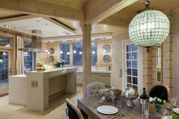 Interior design of dining room in cottage in contemporary style.