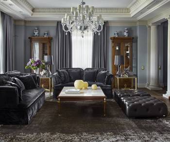 Neoclassical Elegance: Graphite Living Room with Golden Accents