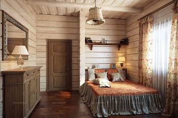 Cozy rustic bedroom in a wooden house with natural finishes