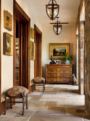 Interior design of hallway in country house in colonial style.