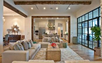 Modern Elegance: Country House Interior with Rustic Accents and Panoramic Glazing