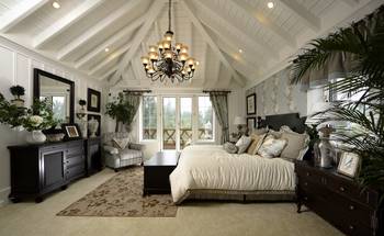 Luxurious Colonial-Style Bedroom with Vaulted Ceiling