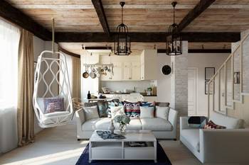 Modern Rustic Chic: Open-Plan Space with Wooden Beams and Contrasting Textures