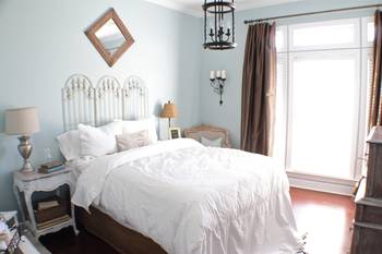 Beautiful design of bedroom in cottage in renaissance style.