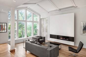 Bright Minimalism: Interior with Panoramic Windows and Contemporary Fireplace