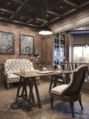 Home office in cottage in loft style.