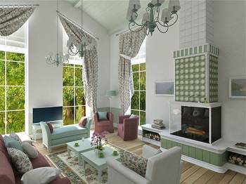 Airy Provençal-style living room with panoramic windows and a tiled stove