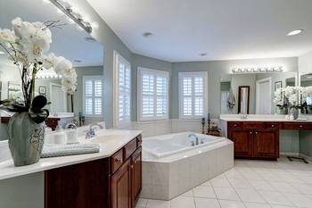 Interior of bathroom in Craftsman style.