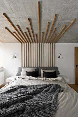 Bedroom design in private house in scandinavian style.