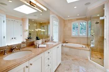 Elegant marble bathroom with classic elements and thoughtful zoning