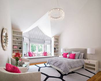 Elegant Bedroom with Bay Window: Blending Light Tones with Vibrant Accents
