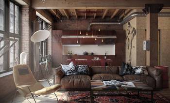 Industrial loft with cozy elements: brick, wood, and leather in harmonious interior design