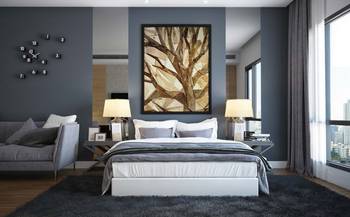 Contemporary Urban Bedroom with Dramatic Accent Wall and Nature-Inspired Elements