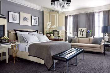 Elegant bedroom in gray-beige palette with classic accents