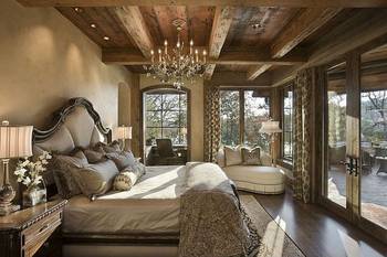 Design of bedroom in house in Chalet style.