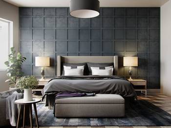 Modern Elegance: Monochromatic Bedroom with Geometric Accent Wall