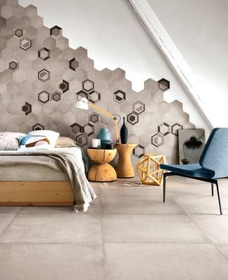 Geometric Harmony: Hexagonal 3D Panels in a Modern Bedroom Under a Sloped Roof