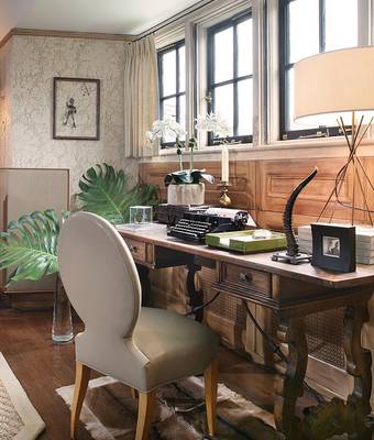 Beautiful design of home office in cottage in Art Deco style.