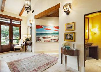 Elegant Country House Hall with Seaside Accents and Multi-level Lighting