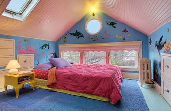Interior design of attic in country house in artistic style.