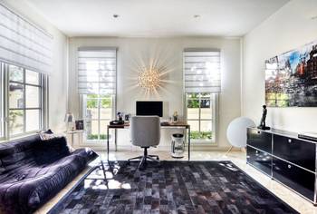 Beautiful design of home office in house in fusion style.