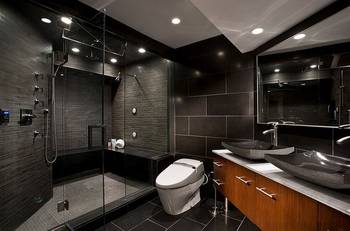 Elegant Dark Bathroom with Contrasting Wooden Furniture