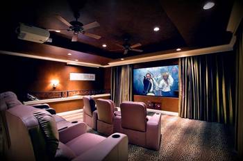 Luxurious home theater in terracotta tones with thoughtful ergonomics