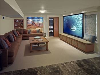 Modern Home Theater with Marine Theme in the Basement of a Country House