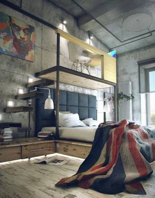 Bedroom in country house in loft style.