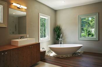 Modern spa bathroom with natural elements: harmony of wood and minimalism