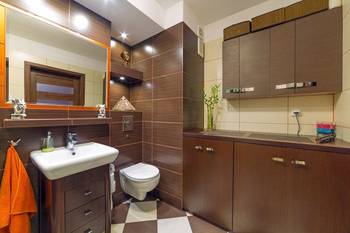 Compact bathroom in chocolate tones: functionality and style
