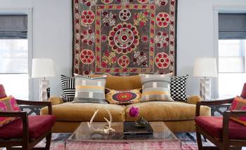 Eclectic Living Room Interior with Ethnic Textiles and Contemporary Accents