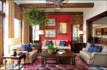 Traditional Living Room with an Accent Red Wall: Classic Elegance in a Country House