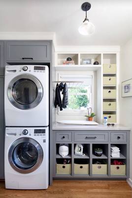 Interior design of laundry in country house in contemporary style.