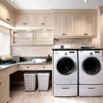 Interior design of laundry in private house in Craftsman style.