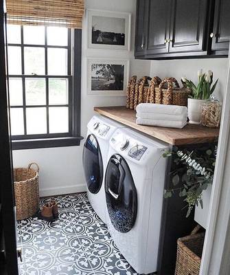 Interior design of laundry in country house in contemporary style.