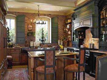 Beautiful design of kitchen in country house in ethnic style.