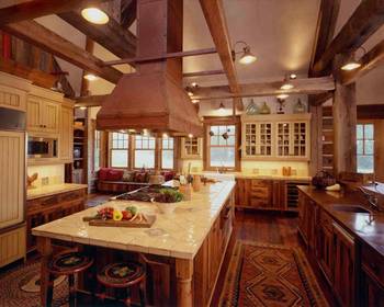 Interior design of kitchen in country house in Chalet style.