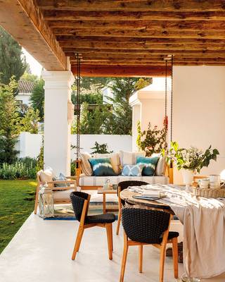 Terrace interior in cottage in fusion style.