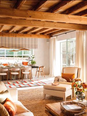Cozy Rustic Minimalism: Interior with Wooden Beams and Warm Accents