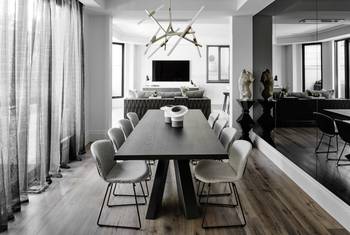 Photo of dining room in cottage in scandinavian style.