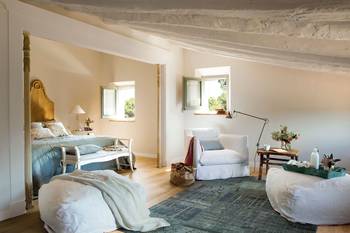 Interior design of bedroom in house in Mediterranean style.