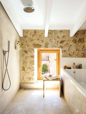 Bathroom interior in private house in Mediterranean style.