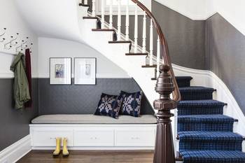 Interior of stairs in cottage in scandinavian style.