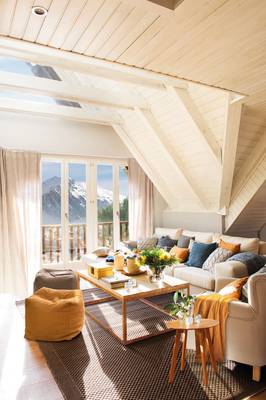 Interior design of attic in country house.