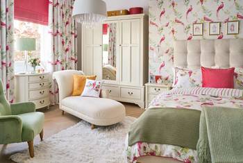 Romantic Country-Style Bedroom with Vibrant Coral Accents