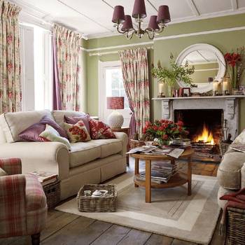 Cozy English Country Living Room with Olive Walls and Floral Accents