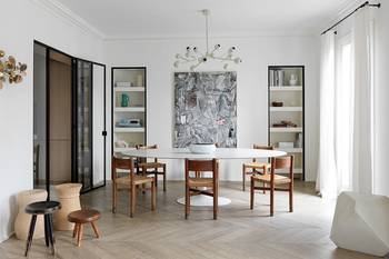 Design of dining room in private house in scandinavian style.