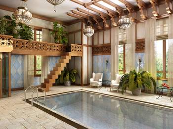 Pool design in private house in colonial style.